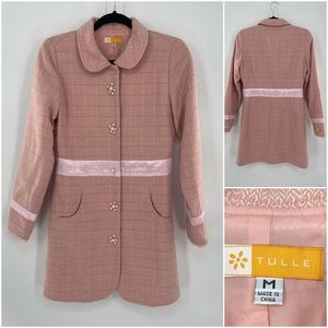 Tulle Pink Plaid Wool Blend Retro Coat Pockets Med